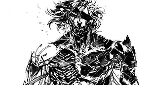 black and white robot man sketch, Metal Gear, Raiden, sketches, Metal Gear Rising: Revengeance
