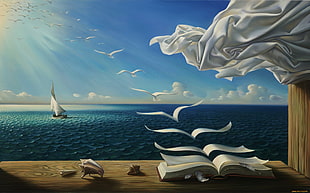 book of life painting, sky, sea, books, birds