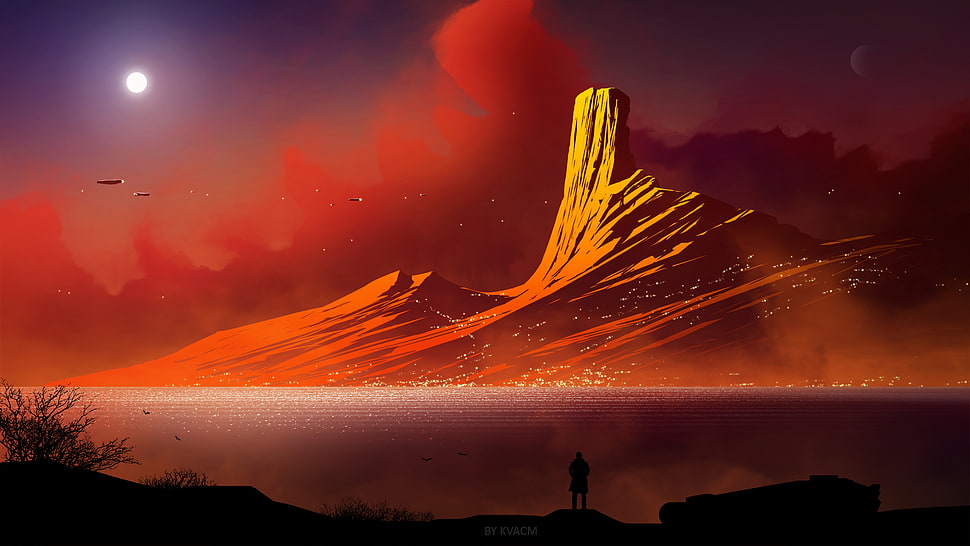 mountain illustration, digital art, mountains, landscape, science fiction HD wallpaper
