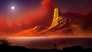 mountain illustration, digital art, mountains, landscape, science fiction