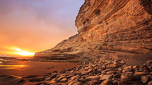 rock formation near the body of water photo, coast, sunset HD wallpaper