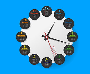 round black and white analog clock, calendar, blue background, clocks, month
