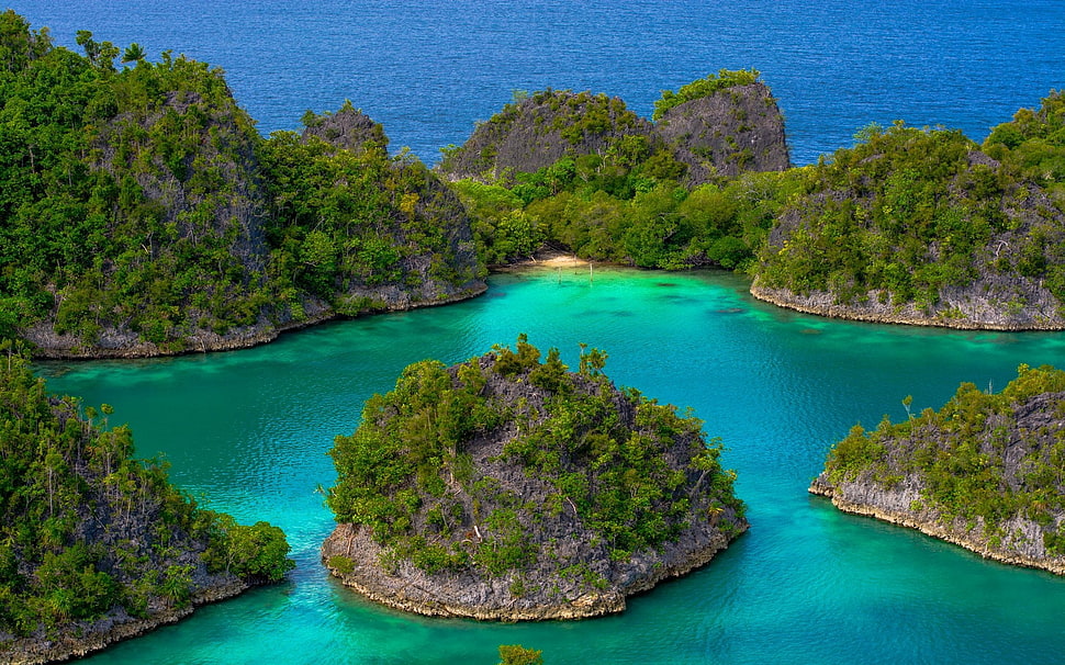 green and gray islands, landscape, nature, tropical, beach HD wallpaper