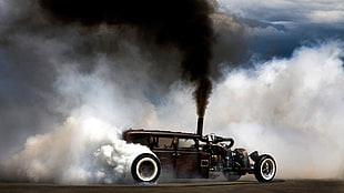 vintage black coupe, smoke, car, Burnout