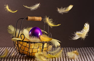 purple egg on brown steel frame basket