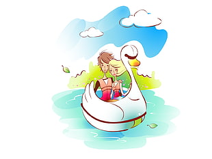 illustration of couple riding on swan inflatable boat HD wallpaper