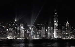 black and white building painting, monochrome, cityscape, Hong Kong, night