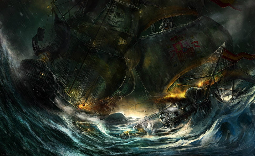 galleon ship sinking illustration, ship, pirates, fantasy art HD wallpaper