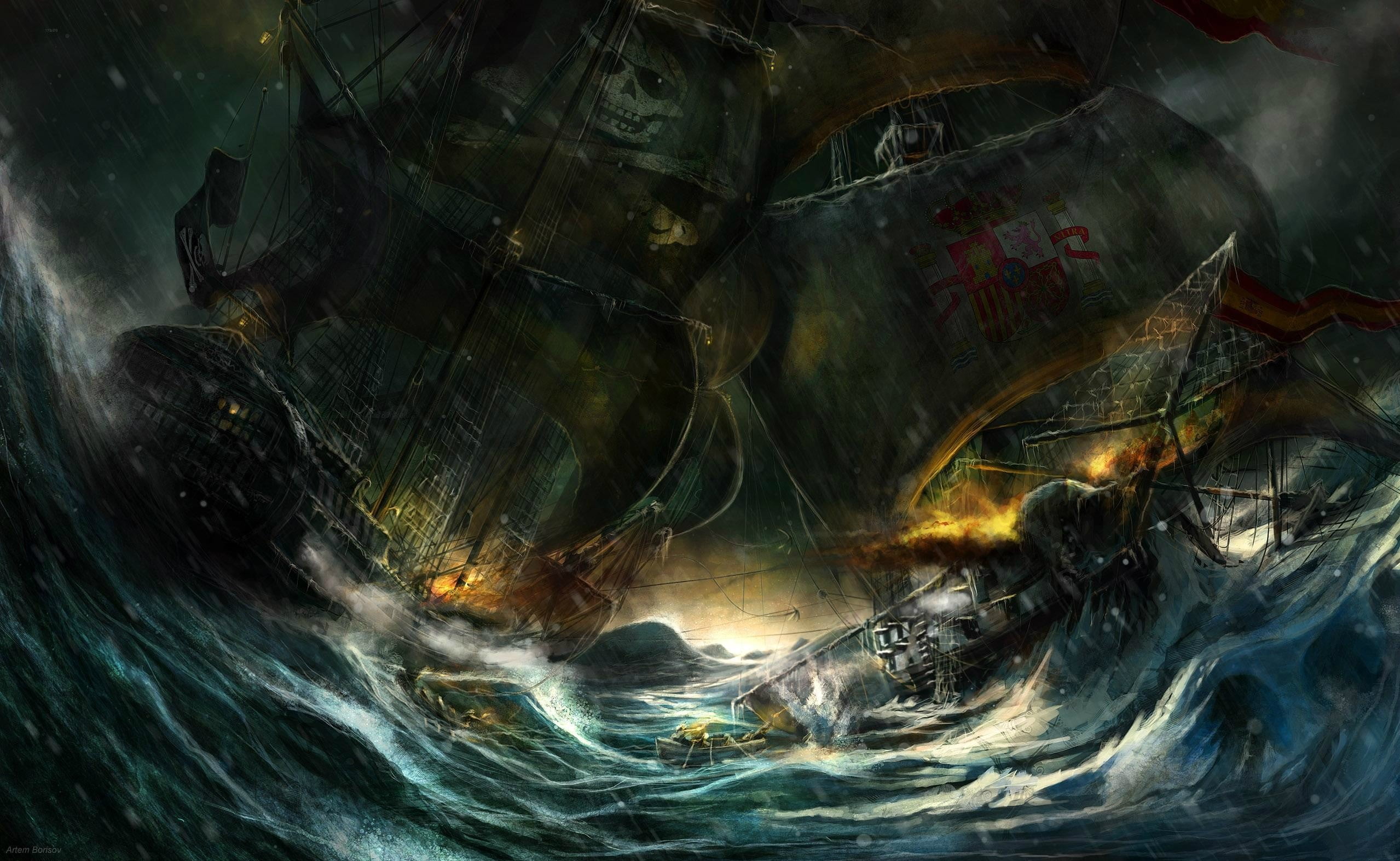 galleon ship sinking illustration, ship, pirates, fantasy art