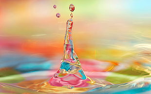 multicolored body of water digital wallpaper, water drops, ripples, digital art, colorful