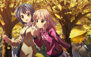 blue and brown haired girl's anime character walking in park illustration