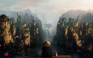 man sitting on cliff wallpaper, fantasy art
