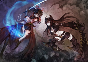 two black haired female anime characters illustration