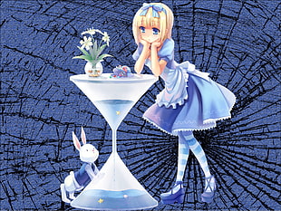 blue and white dressed lolita girl anime illustration