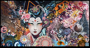 Geisha artwork, psychedelic, geisha, colorful, Android Jones HD wallpaper