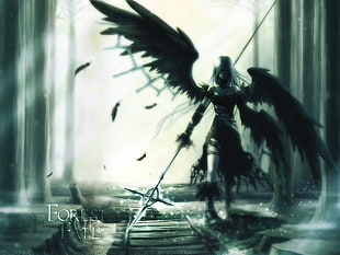 winged female character holding sphered digital wallpaper, wings, feathers, torn clothes, scepters