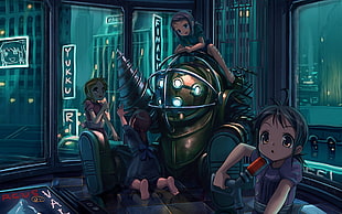 three girls near gray robot anime characters illustration