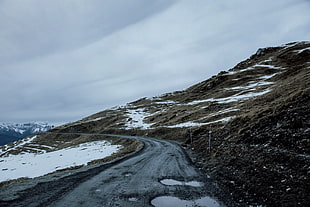 gray concrete road, road, mountains, water, winter