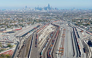 high-rise building city skyline, rail yard, train, city, Chicago