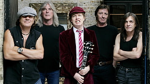 men's maroon suit jacket, AC/DC, Angus Young, Brian Johnson, Malcolm Young HD wallpaper
