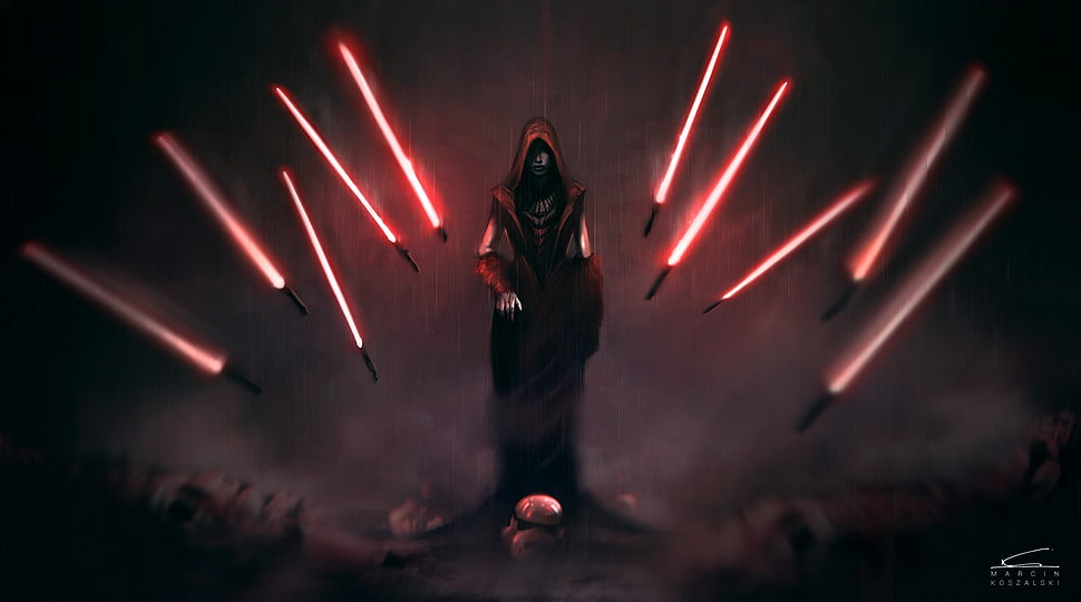 Sith Lord with hood controlling red lightsabers HD wallpaper