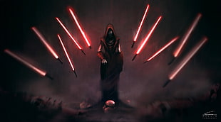 Sith Lord with hood controlling red lightsabers