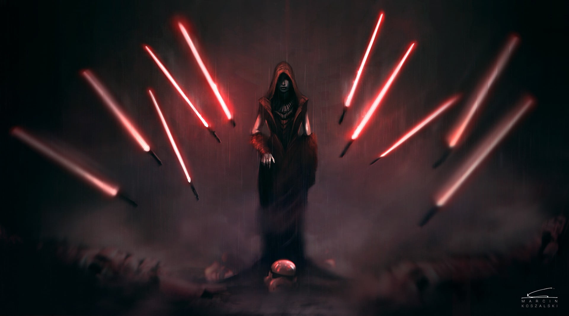 Sith Lord with hood controlling red lightsabers