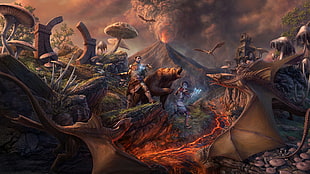 dinosaurs illustration, The Elder Scrolls Online, The Elder Scrolls III: Morrowind, volcano, Grizzly bear