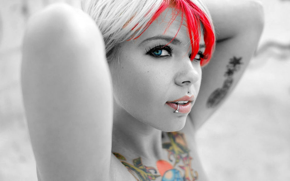 selective color photography of woman with red hair HD wallpaper