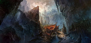 mountains digital art, temple, fantasy art, artwork, fantasy city HD wallpaper