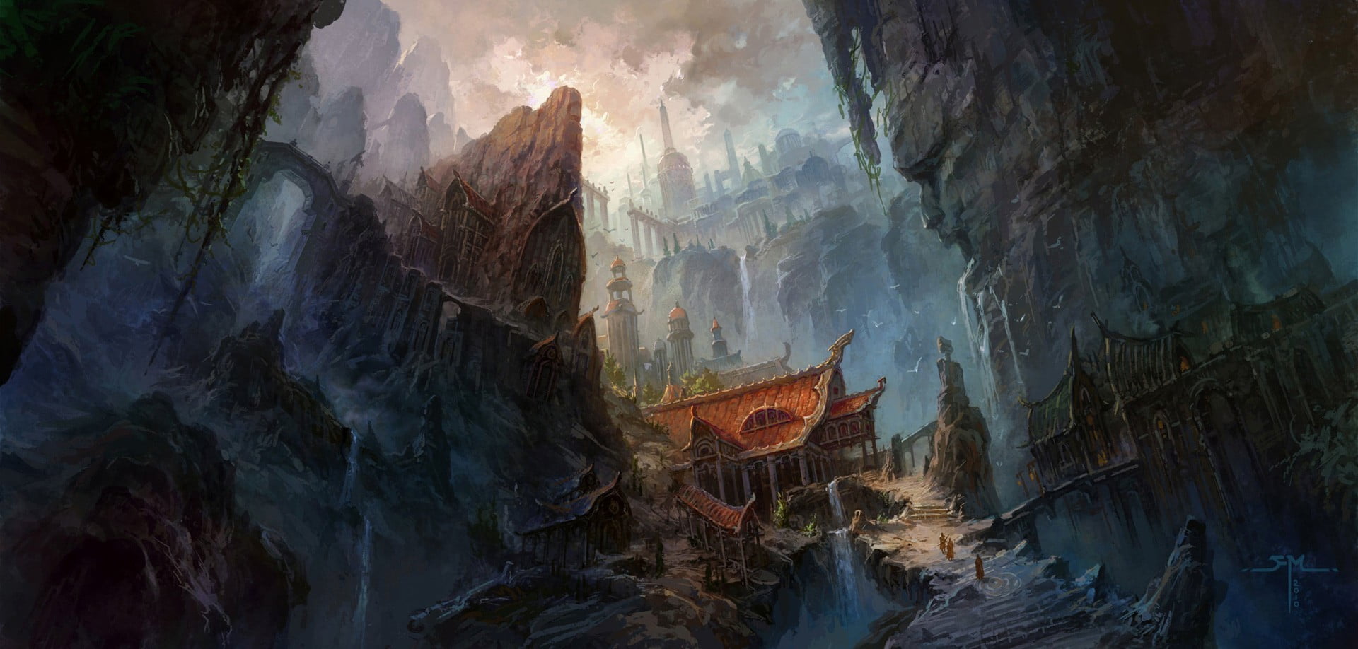 mountains digital art, temple, fantasy art, artwork, fantasy city