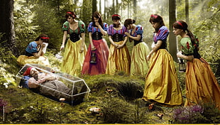 Snow White costume meme, digital art, fantasy art, photo manipulation, dwarfs HD wallpaper
