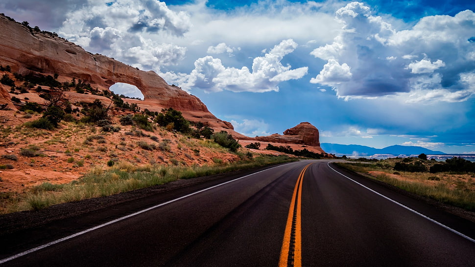 black top road, road, sky, rock, clouds HD wallpaper