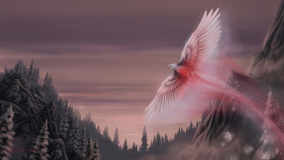 painting of red and white bird flying above trees, fantasy art, birds HD wallpaper