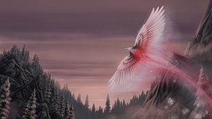 painting of red and white bird flying above trees, fantasy art, birds