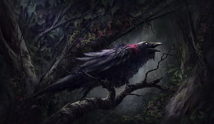 black bird painting, digital art, fantasy art, birds, crow