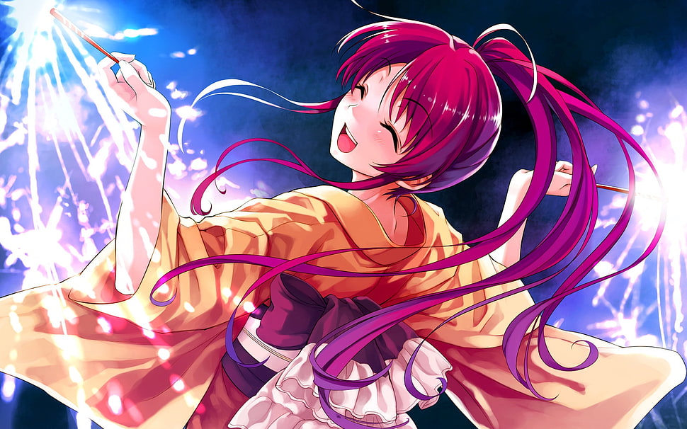 purple-haired female anime wearing yellow kimono holding fireworks HD wallpaper