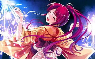 purple-haired female anime wearing yellow kimono holding fireworks