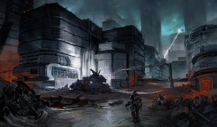 soldier and buildings wallpaper, Halo, artwork, video games