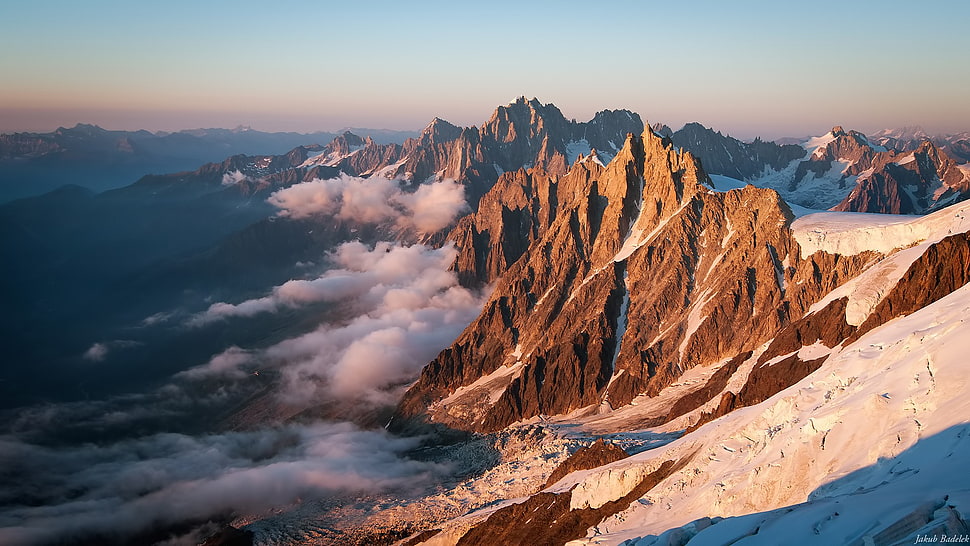 white clouds beside rock formation, mountains, snow, clouds HD wallpaper