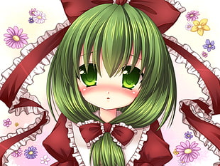 green hair and eye female anime character wearing red dress with bow accent