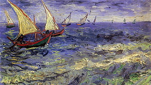 sailing boat on sea painting, Vincent van Gogh, boat, painting, sea