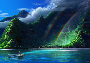 photo of person on boat in body of water near green island with rainbow