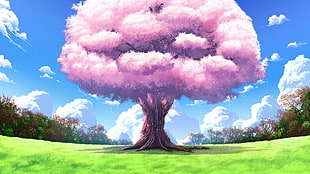 pink tree painting, nature, trees, clouds