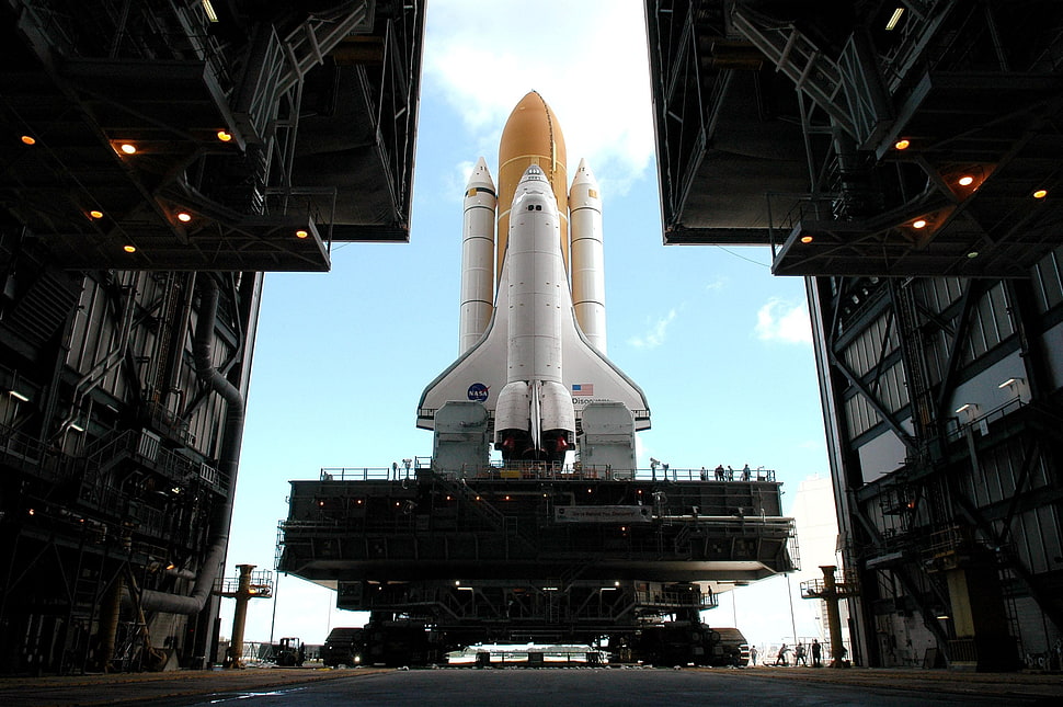 white and yellow jet plane, space station, spaceship, rocket, clouds HD wallpaper