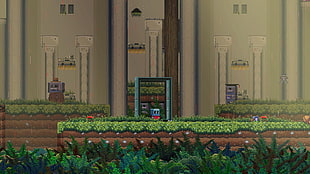 brown buildings and green grass illustration, video games