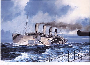gray metal steam-powered battleship, warship, artwork, military, ship