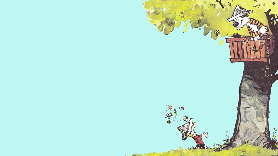 boy and tiger on tree illustration HD wallpaper