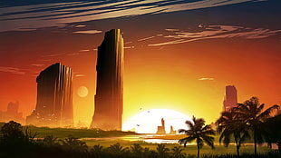 tower during sunset painting, artwork, digital art, sunset