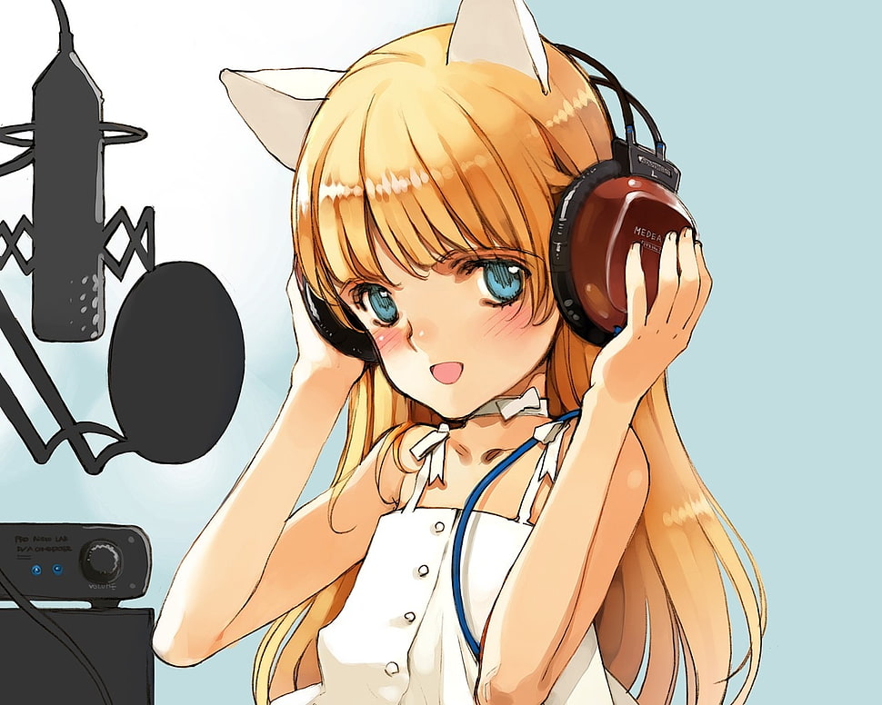 blonde hair girl wearing headphones anime HD wallpaper
